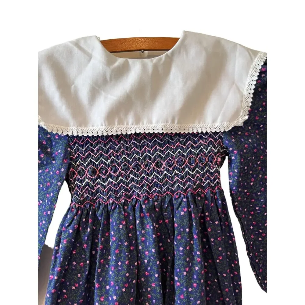 Vintage 80s Polly Flinders Girls Hand Smocked Dress Sailor Collar 7